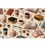 Book Lover Coffee Desk Mat | Reading Glasses artwork on an extended desk mat with book lover coffee design