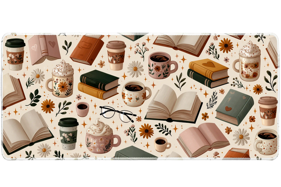 Book Lover Coffee Desk Mat | Reading Glasses artwork on an extended desk mat with book lover coffee design