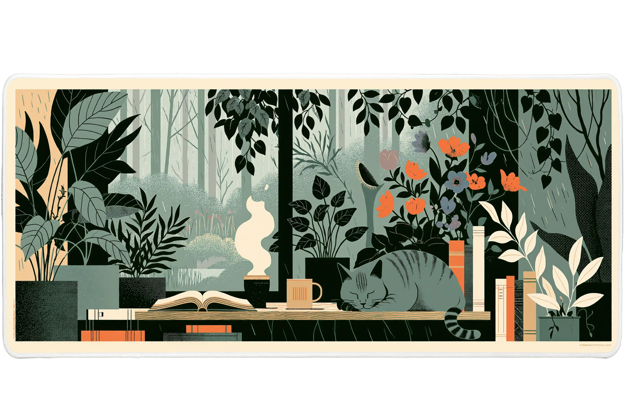 Botanical Cat Desk Mat | Forest Window Books artwork on an extended desk mat with botanical cat design