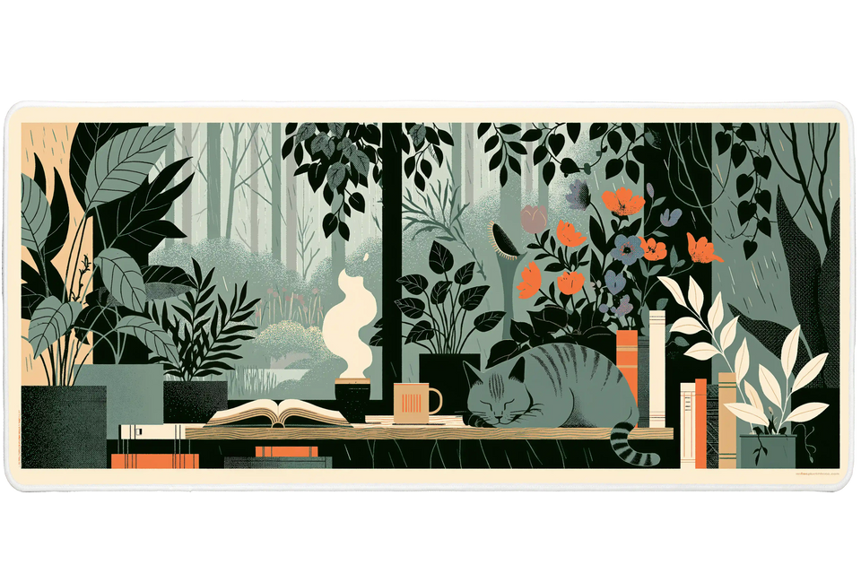 Botanical Cat Desk Mat | Forest Window Books artwork on an extended desk mat with botanical cat design