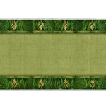 Green botanical desk mat with fern and leaf borders, warm golden accents and an open sage center