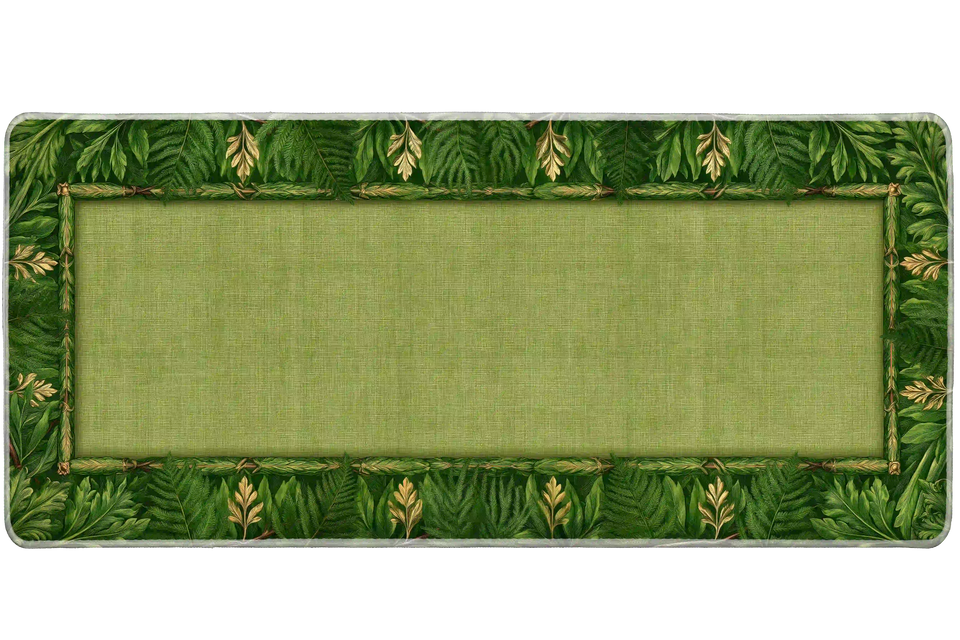 Green botanical desk mat with fern and leaf borders, warm golden accents and an open sage center