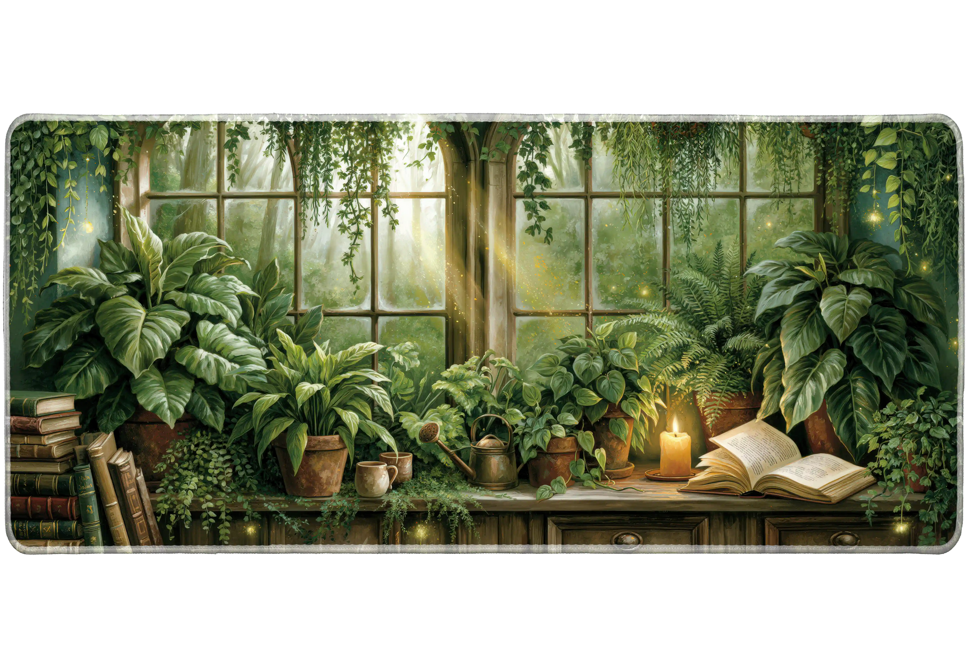 Botanical Reading Nook Desk Mat | Open Book artwork on an extended desk mat with botanical reading nook design