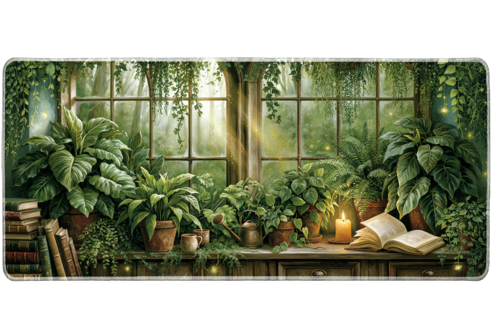 Botanical Reading Nook Desk Mat | Open Book artwork on an extended desk mat with botanical reading nook design