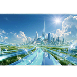 Frutiger Aero Bubble City desk mat artwork in a wide product view