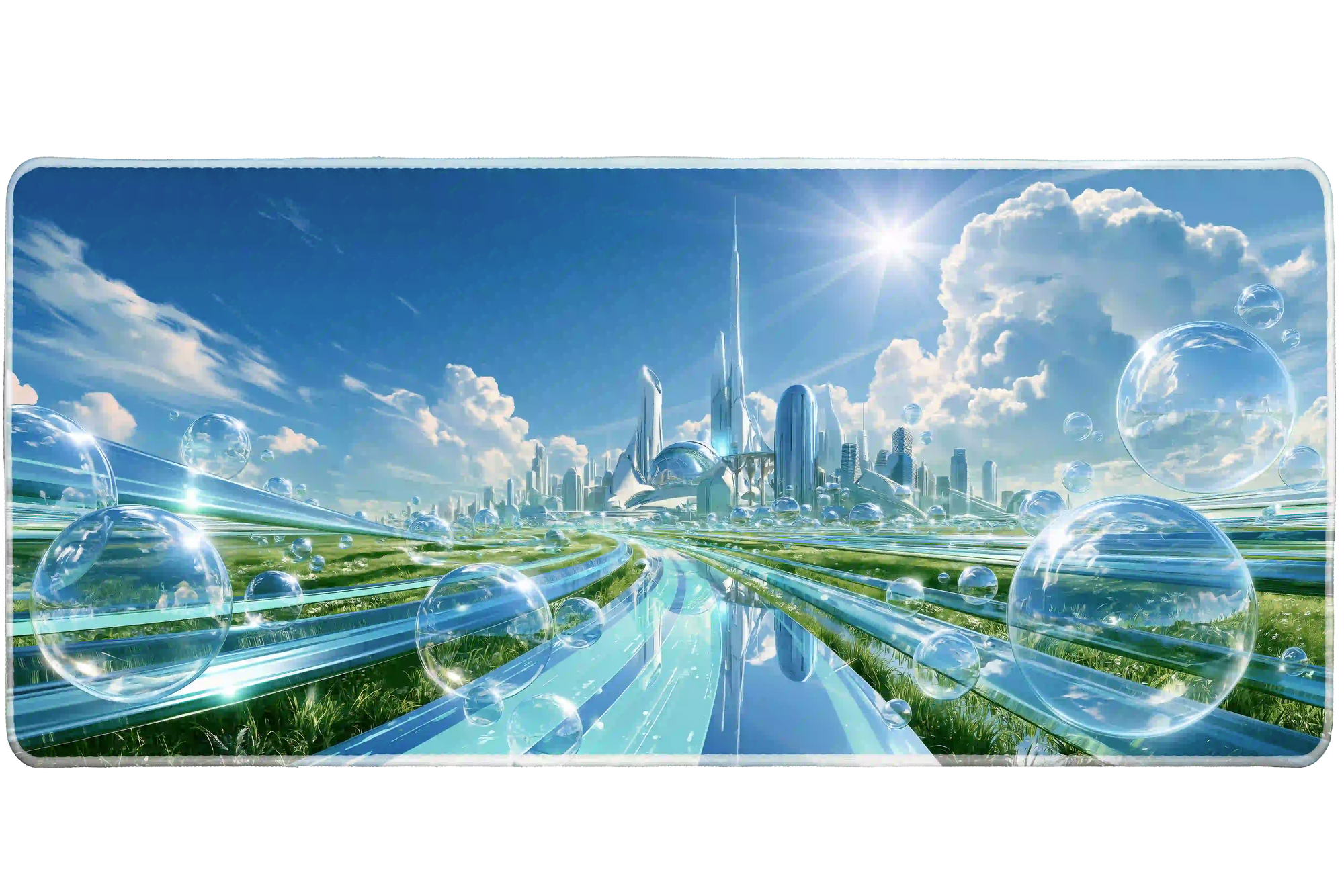Frutiger Aero Bubble City desk mat artwork in a wide product view