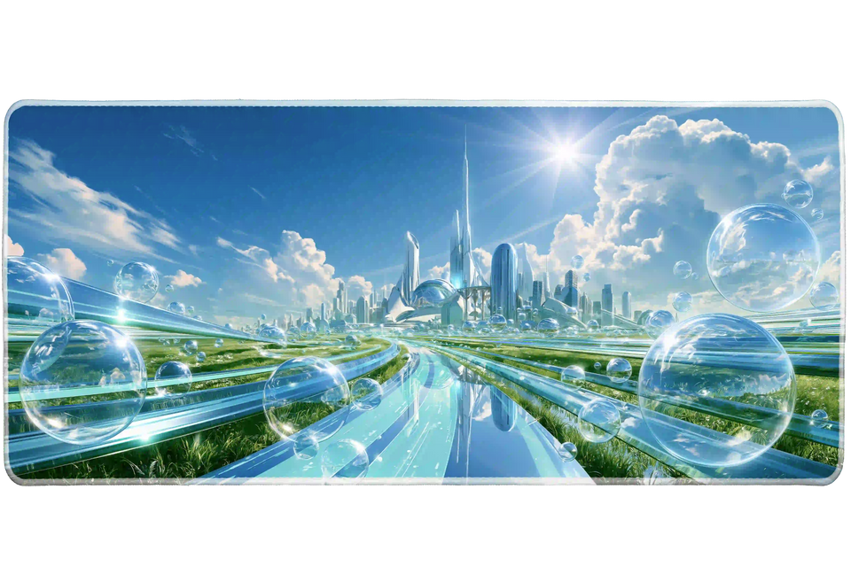 Frutiger Aero Bubble City desk mat artwork in a wide product view