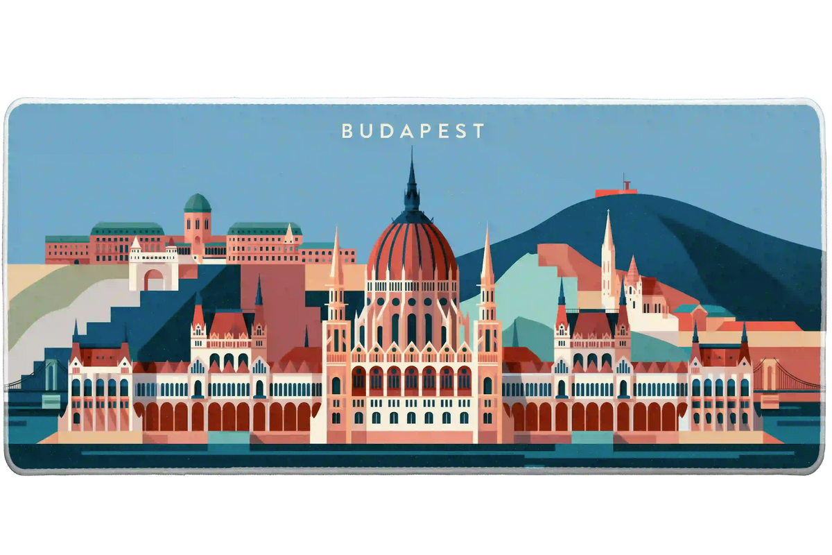 Budapest desk mat artwork showing coral Parliament building, blue hills and riverside bridges