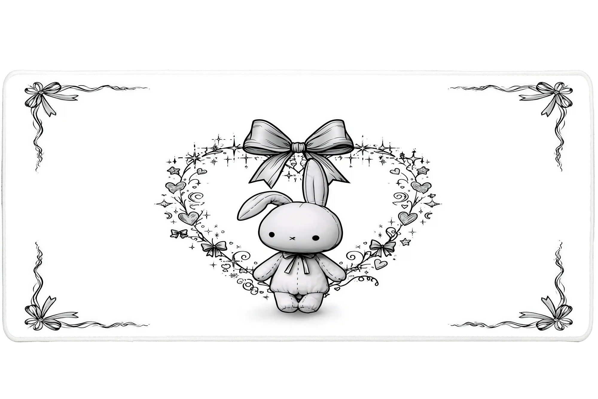 Cute Bunny Bow Minimal Kawaii Rabbit desk mat with a delicate bow, heart details, and elegant