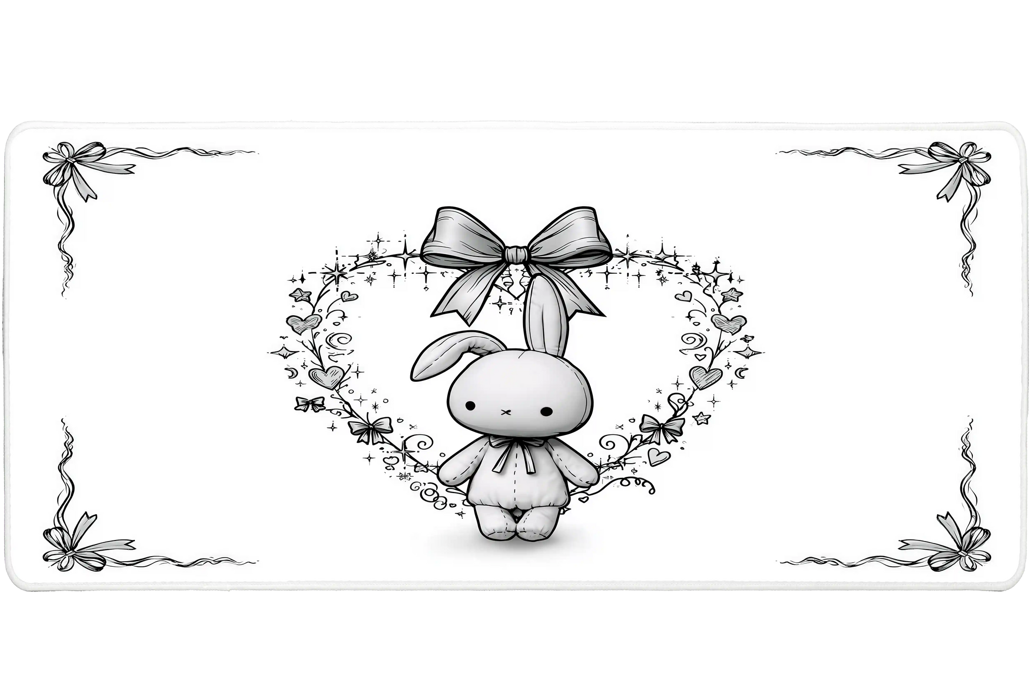 Cute Bunny Bow Minimal Kawaii Rabbit desk mat with a delicate bow, heart details, and elegant