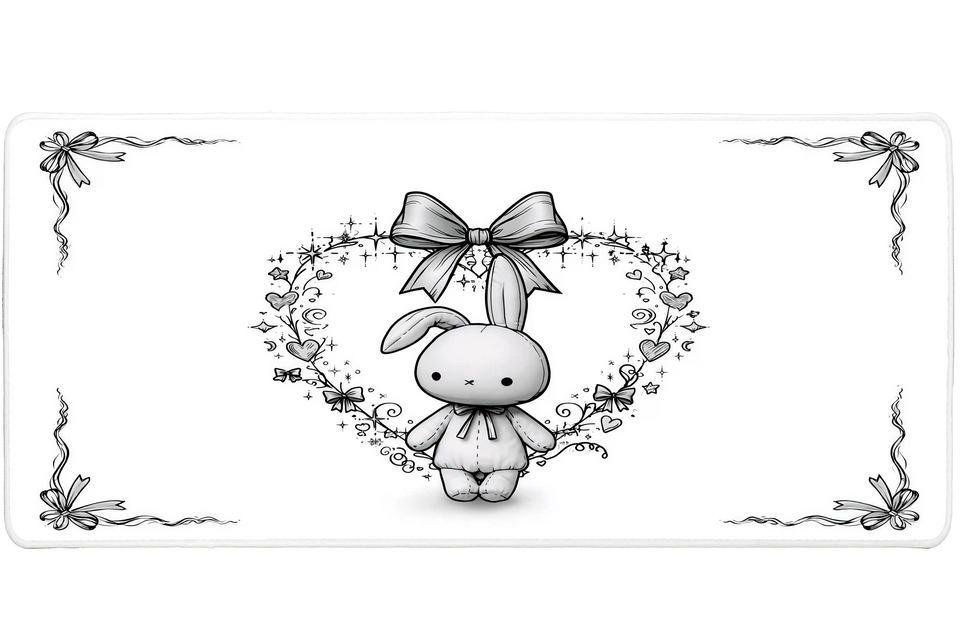 Cute Bunny Bow Minimal Kawaii Rabbit desk mat with a delicate bow, heart details, and elegant