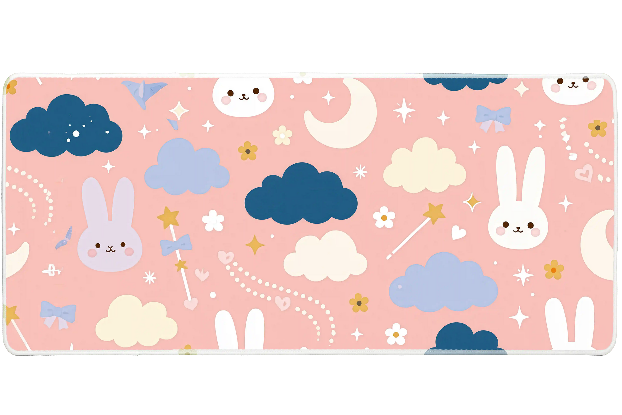 Cute Bunny Cloud Pink Kawaii Rabbit desk mat with pastel rabbits, dreamy clouds, moons, stars, bows