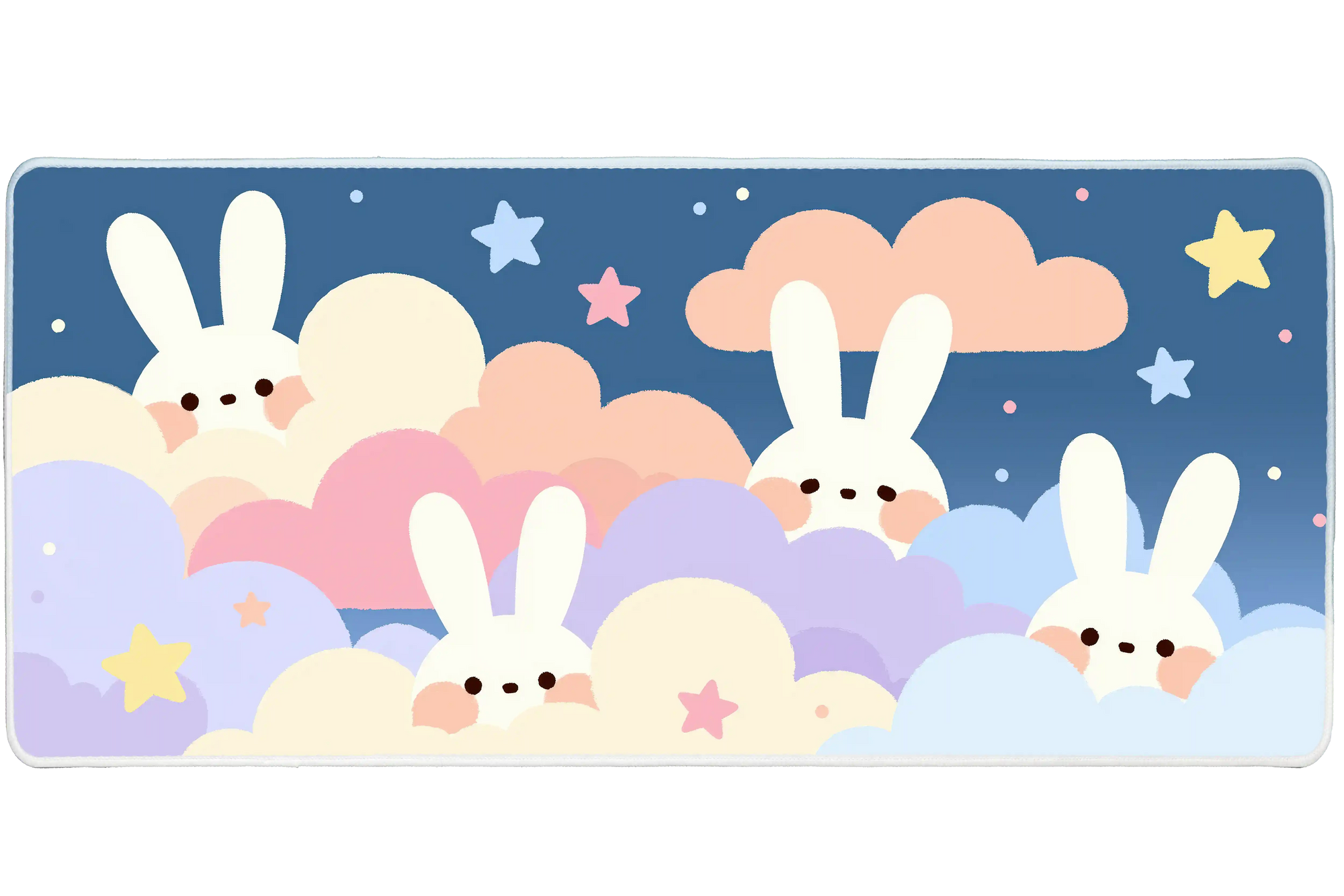 Kawaii Bunny Clouds Pastel Rabbit desk mat with cute rabbits peeking through soft colorful clouds