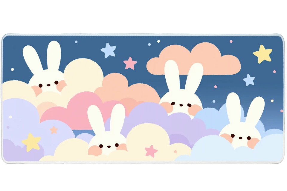 Kawaii Bunny Clouds Pastel Rabbit desk mat with cute rabbits peeking through soft colorful clouds