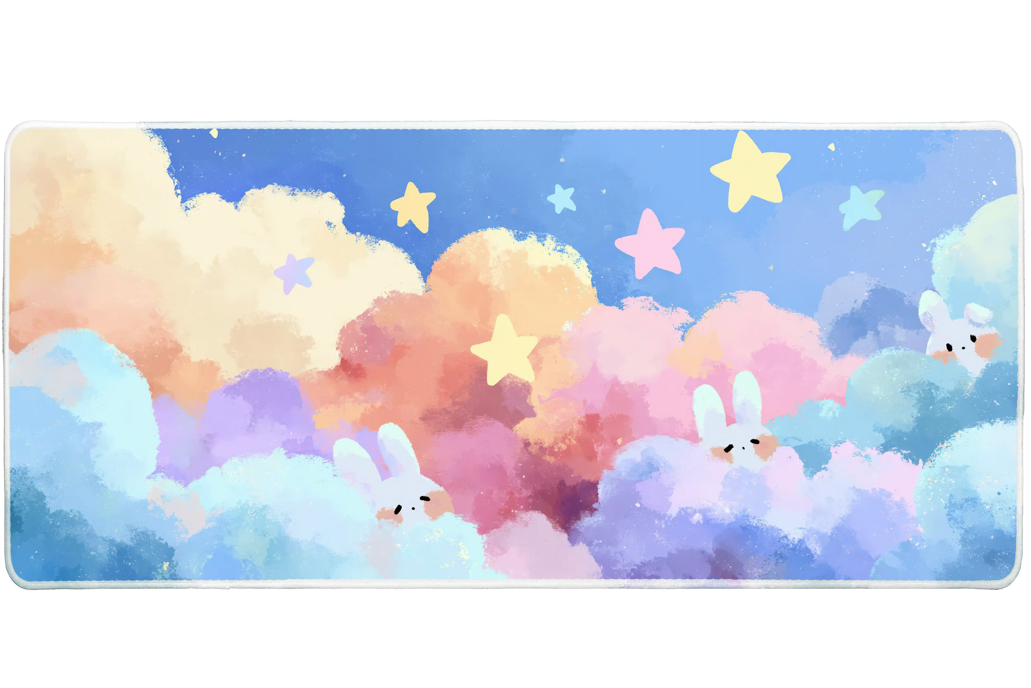 Pastel Bunny Cloud Dreamy Sky desk mat with cute rabbits peeking through colorful clouds, floating