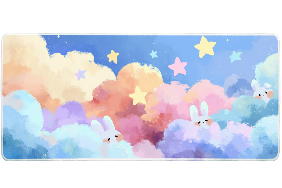 Pastel Bunny Cloud Dreamy Sky desk mat with cute rabbits peeking through colorful clouds, floating