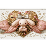 Kawaii Bunny Heart Pink Bow Rabbit desk mat with a plush rabbit, pink ribbon bows, glittery heart