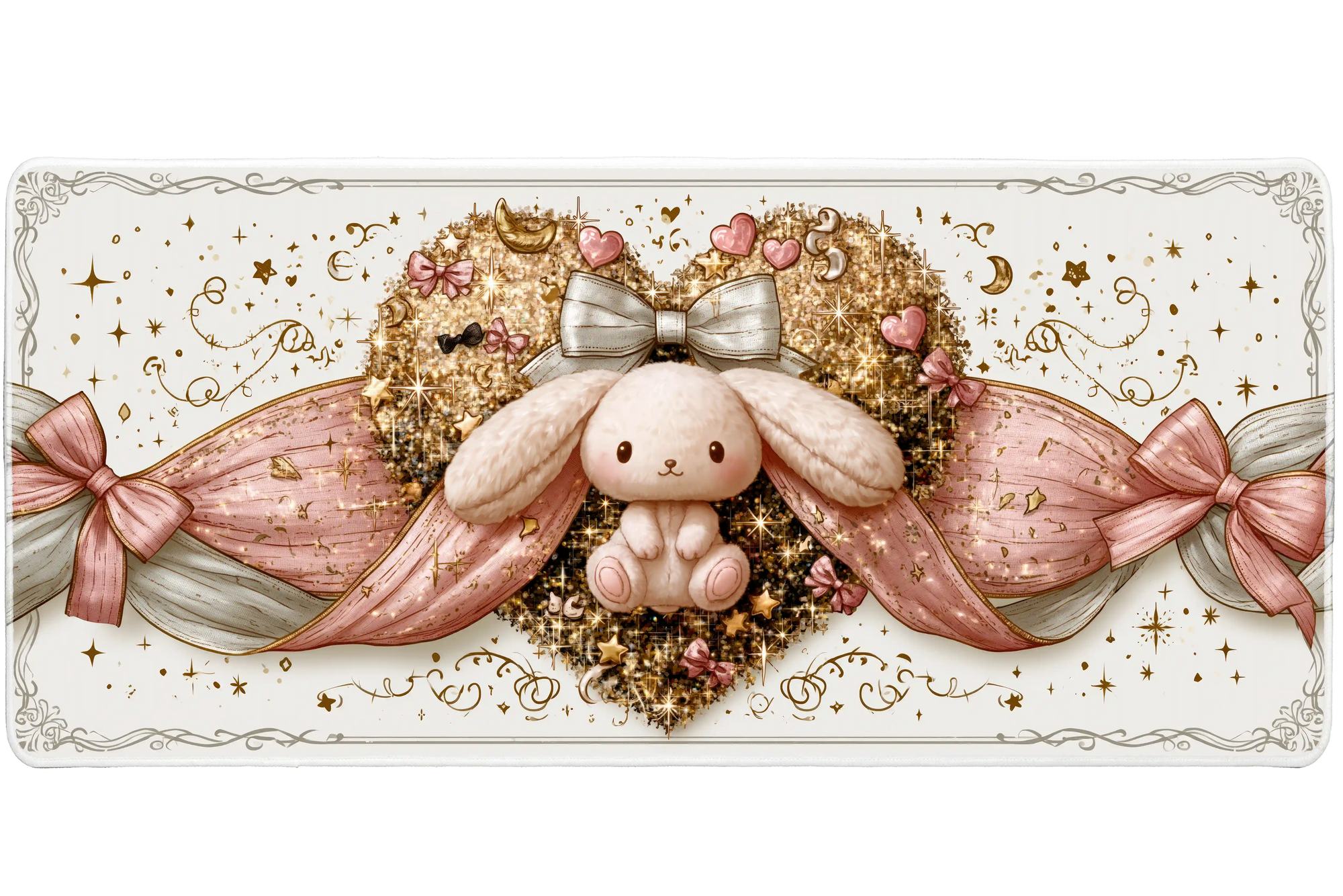 Kawaii Bunny Heart Pink Bow Rabbit desk mat with a plush rabbit, pink ribbon bows, glittery heart