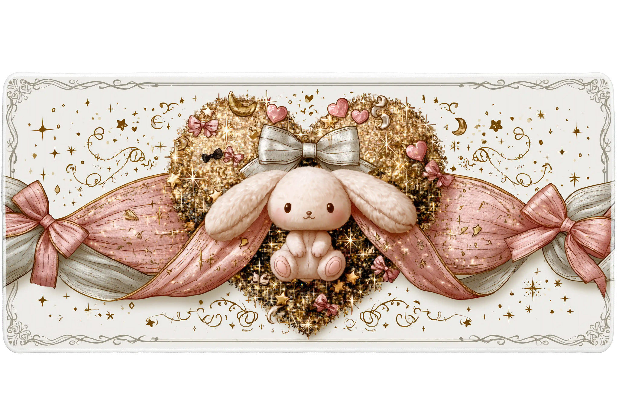 Kawaii Bunny Heart Pink Bow Rabbit desk mat with a plush rabbit, pink ribbon bows, glittery heart