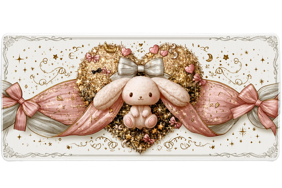 Kawaii Bunny Heart Pink Bow Rabbit desk mat with a plush rabbit, pink ribbon bows, glittery heart