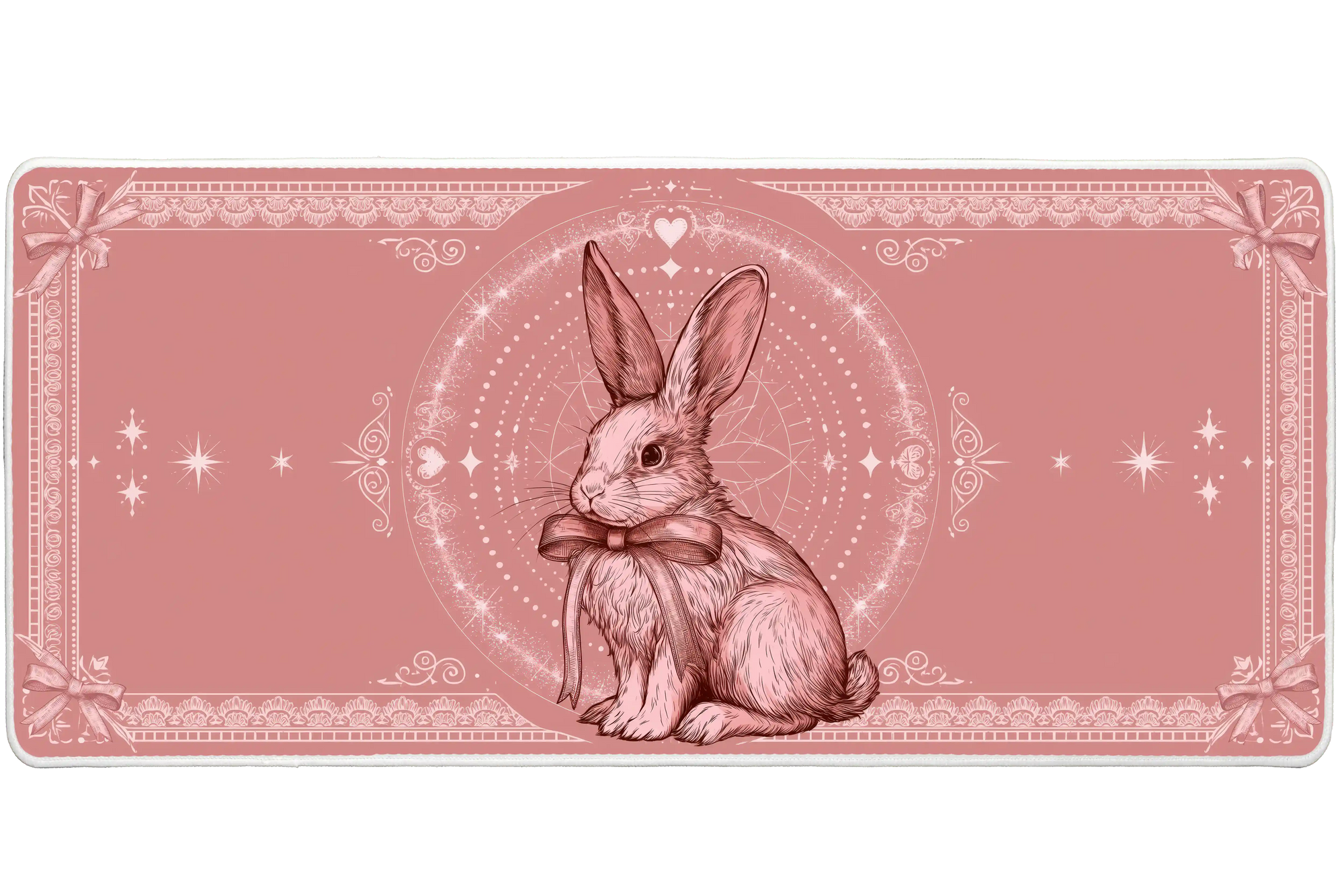 Pink Bunny Ribbon Coquette Rabbit desk mat with an elegant rabbit illustration, lace-inspired borders