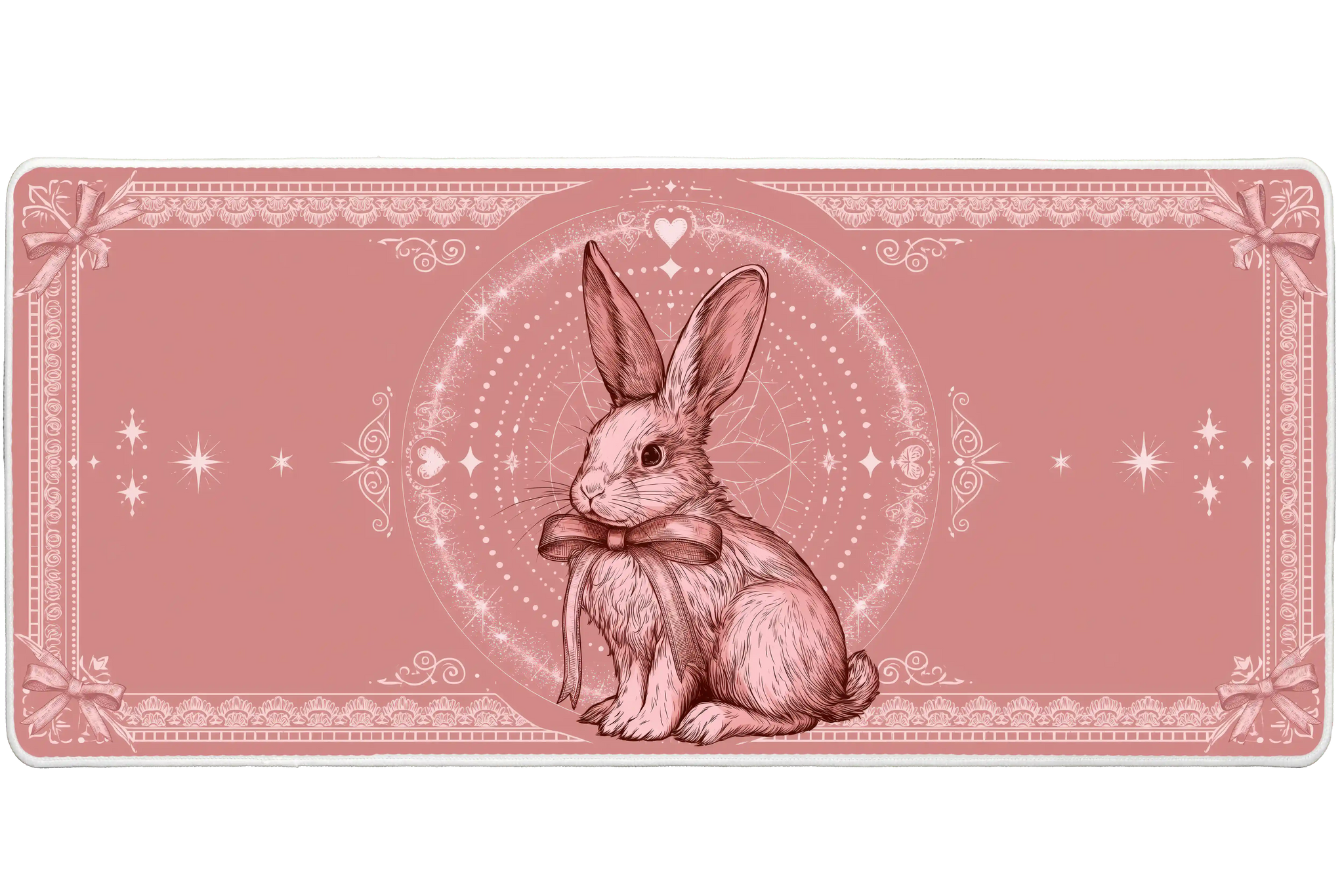 Pink Bunny Ribbon Coquette Rabbit desk mat with an elegant rabbit illustration, lace-inspired borders