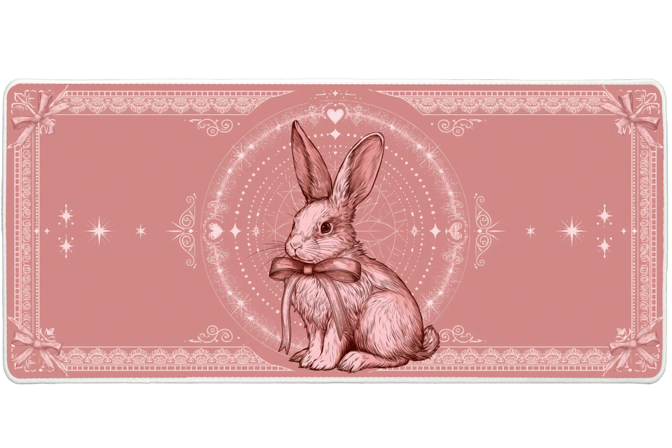 Pink Bunny Ribbon Coquette Rabbit desk mat with an elegant rabbit illustration, lace-inspired borders