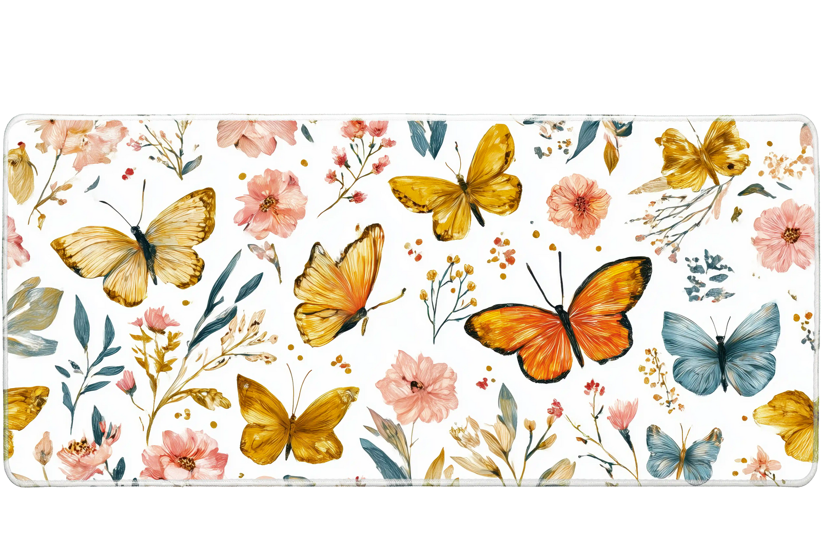 Pattern 36x16in custom mouse pad featuring orange butterflies and pink floral design, stitched edge – PrintMyPad