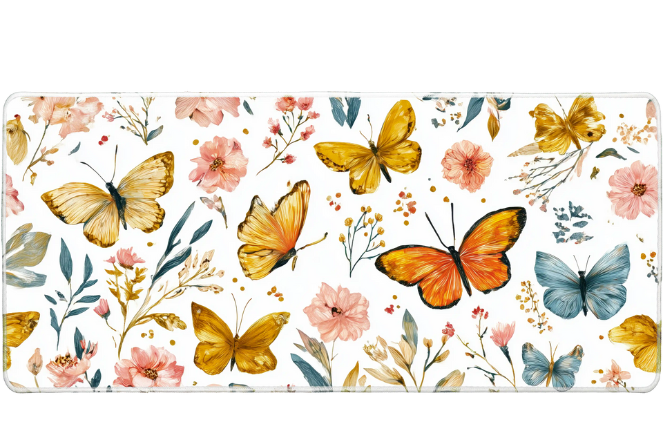 Pattern 36x16in custom mouse pad featuring orange butterflies and pink floral design, stitched edge – PrintMyPad