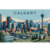 Calgary desk mat artwork showing Calgary towers, evergreen trees and Rocky Mountain peaks above a river