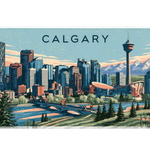 Calgary desk mat artwork showing Calgary towers, evergreen trees and Rocky Mountain peaks above a river
