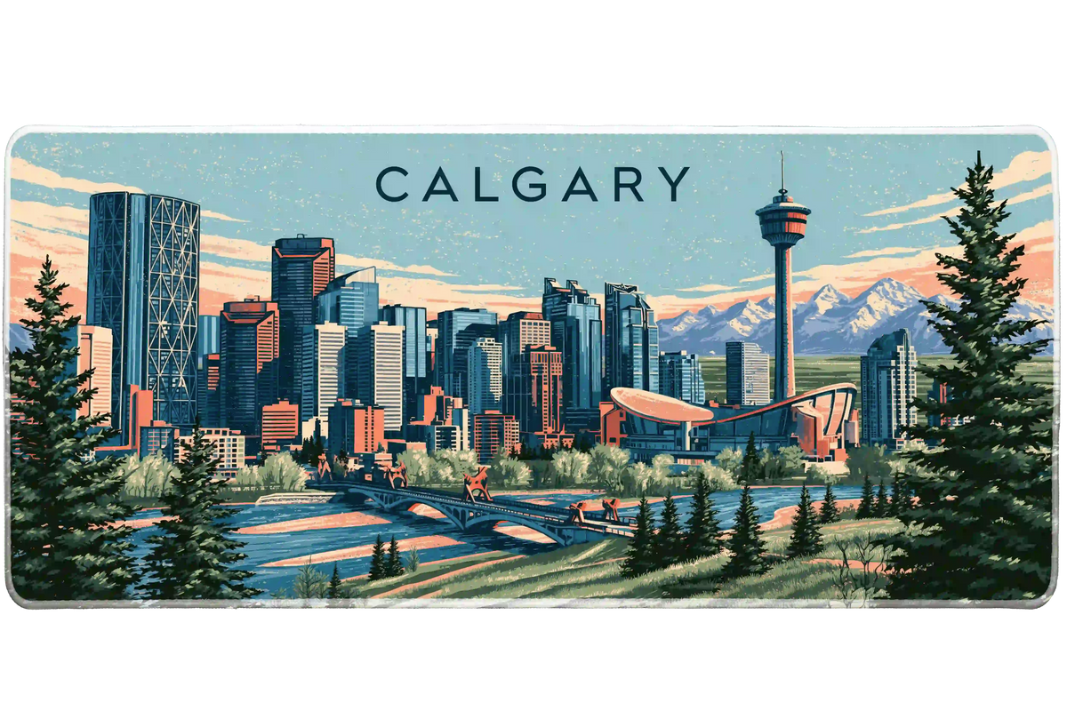 Calgary desk mat artwork showing Calgary towers, evergreen trees and Rocky Mountain peaks above a river