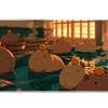Cozy Capybara Bath Lantern Hot Spring desk mat with a lantern-lit bath scene, oranges, and sunset