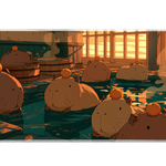 Cozy Capybara Bath Lantern Hot Spring desk mat with a lantern-lit bath scene, oranges, and sunset