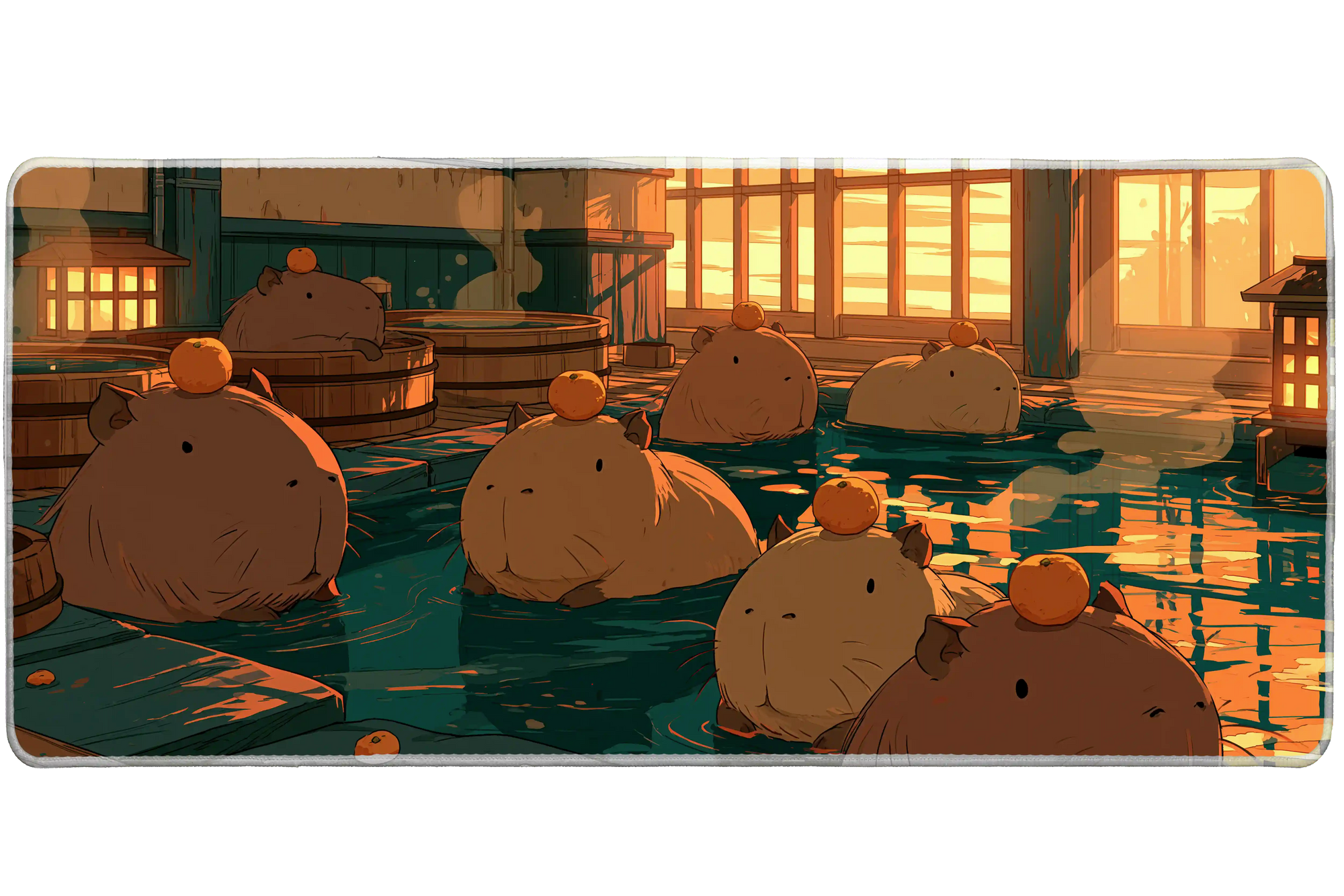 Cozy Capybara Bath Lantern Hot Spring desk mat with a lantern-lit bath scene, oranges, and sunset