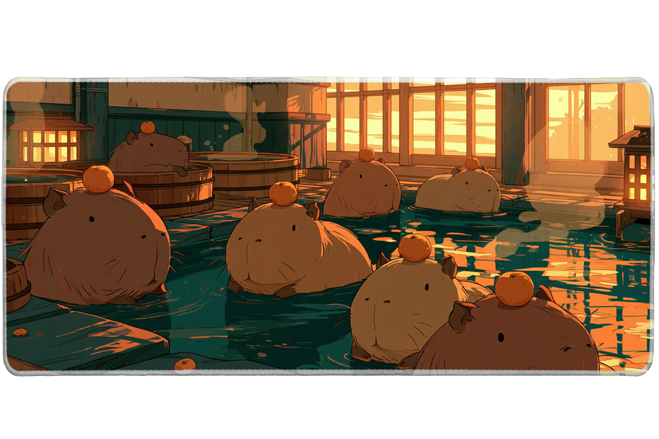 Cozy Capybara Bath Lantern Hot Spring desk mat with a lantern-lit bath scene, oranges, and sunset