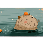 Relaxed Capybara Bath Sunset Soak desk mat with warm water, oranges, and soft sunset tones