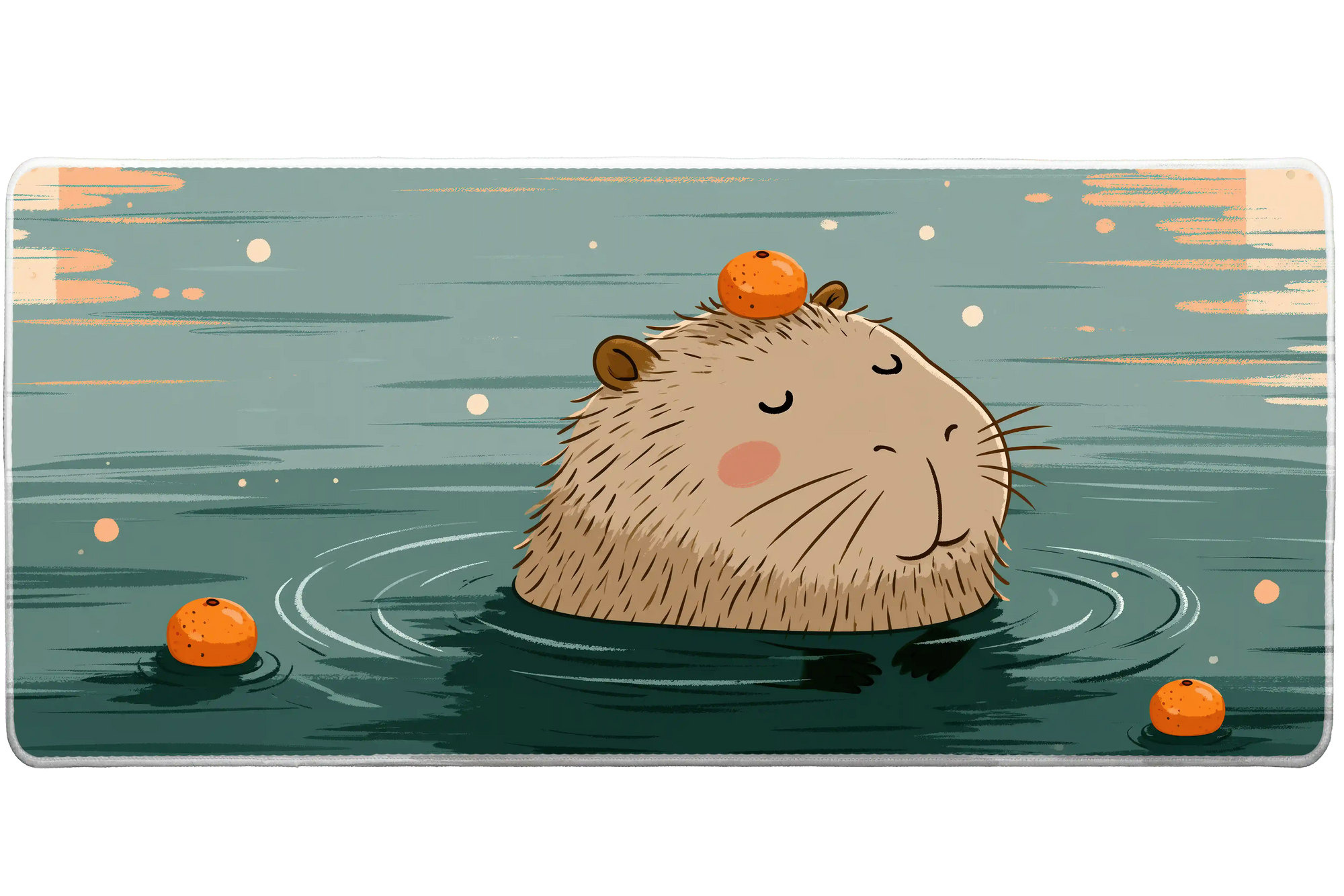 Relaxed Capybara Bath Sunset Soak desk mat with warm water, oranges, and soft sunset tones