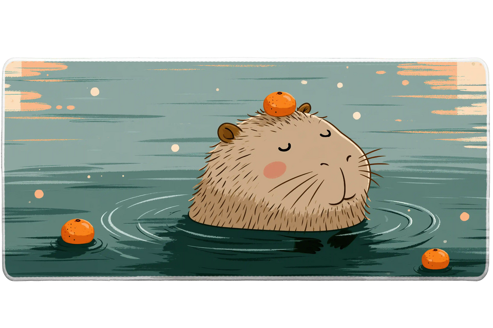 Relaxed Capybara Bath Sunset Soak desk mat with warm water, oranges, and soft sunset tones