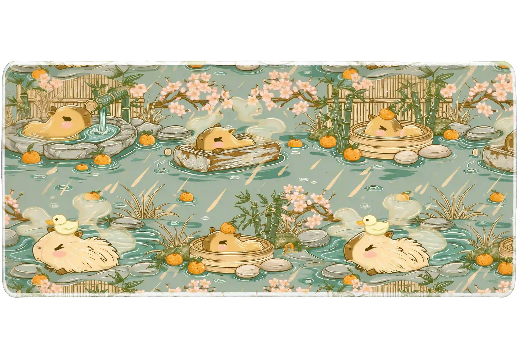 Cute capybara onsen hot spring artwork on an extended desk mat for a full keyboard and mouse layout