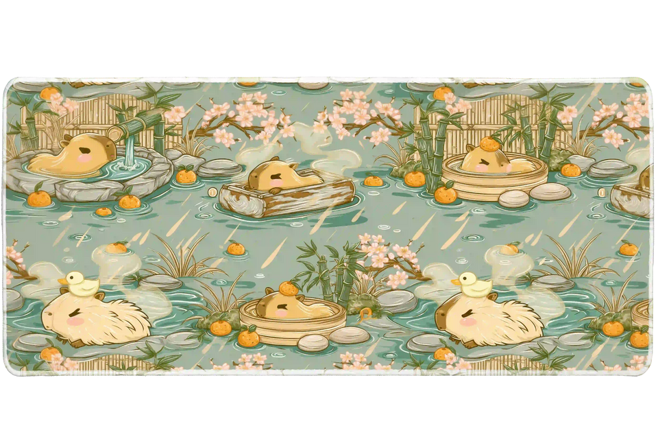 Cute capybara onsen hot spring artwork on an extended desk mat for a full keyboard and mouse layout