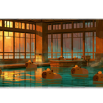 Capybara Hot Spring Wooden Tub desk mat with wooden tubs, lanterns, oranges, and warm bath water