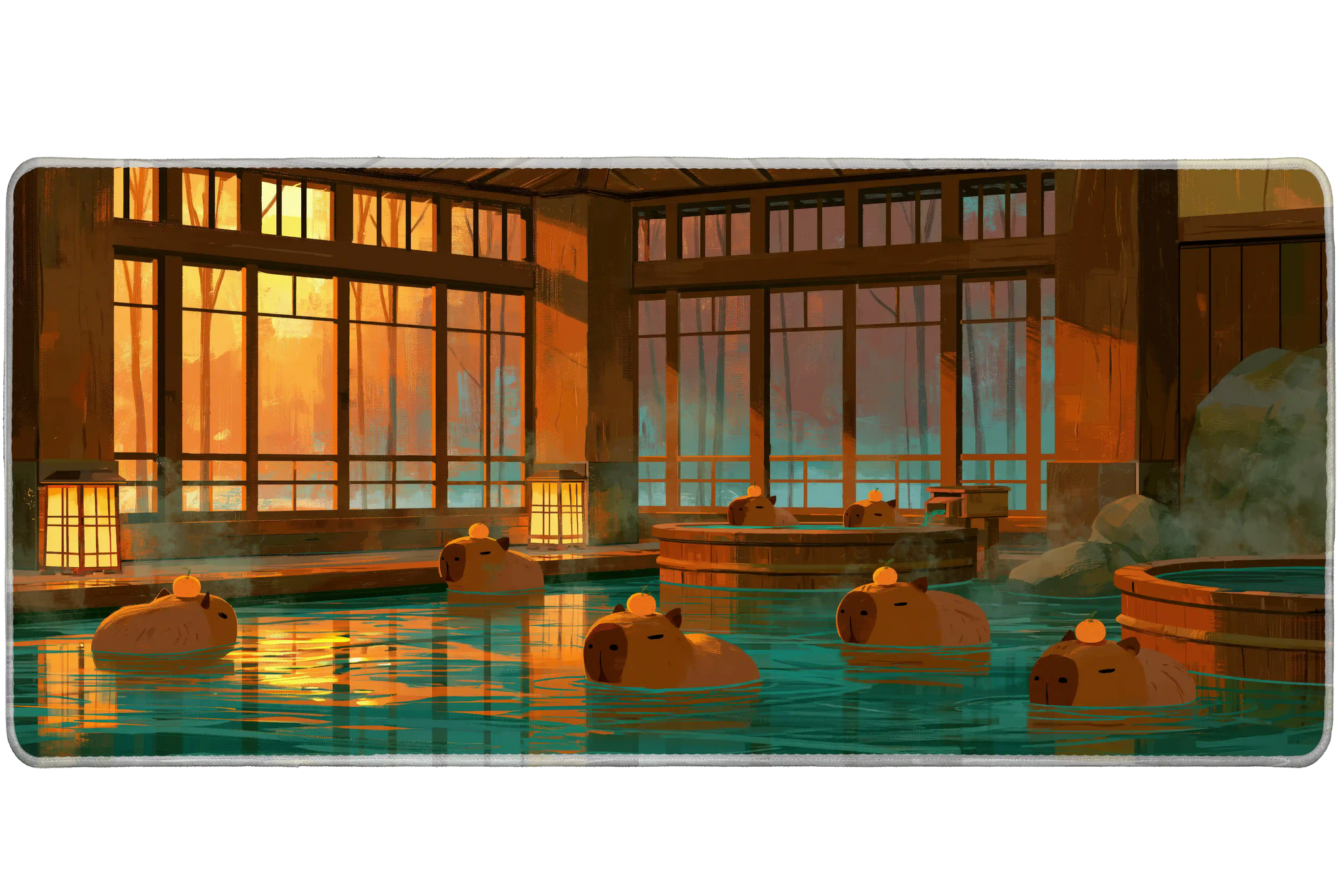 Capybara Hot Spring Wooden Tub desk mat with wooden tubs, lanterns, oranges, and warm bath water