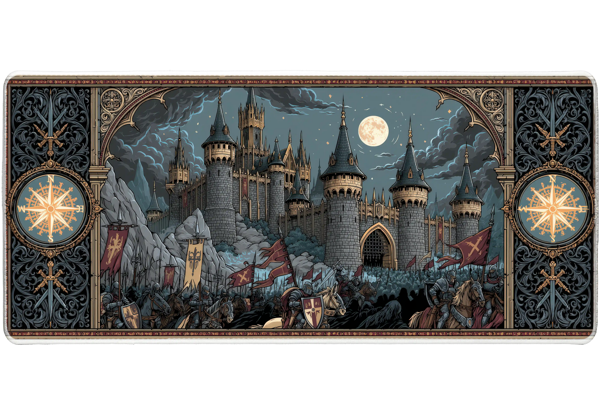 Medieval Castle Siege Desk Mat | Moonlit Knights artwork on an extended desk mat with medieval castle siege design