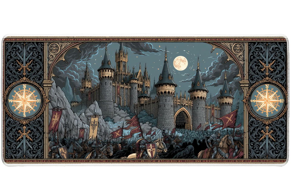 Medieval Castle Siege Desk Mat | Moonlit Knights artwork on an extended desk mat with medieval castle siege design