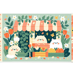 Cute Cat Flower Shop Patchwork Garden desk mat with smiling cats, tulips, daisies, greenery, and patchwork