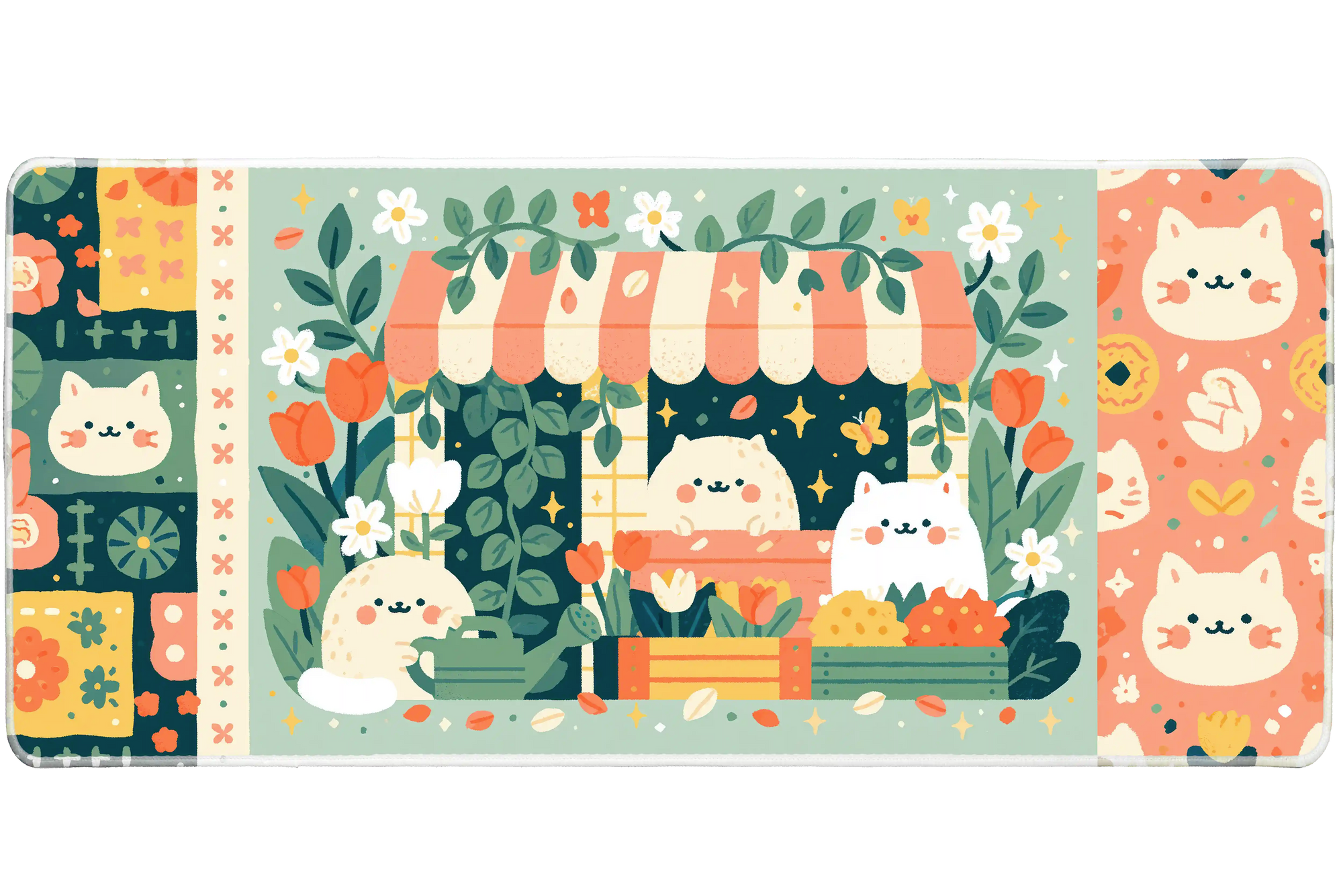 Cute Cat Flower Shop Patchwork Garden desk mat with smiling cats, tulips, daisies, greenery, and patchwork