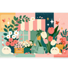 Cute Cat Flower Shop Pastel Storefront desk mat with storefront art, roses, daisies, butterflies