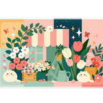 Cute Cat Flower Shop Pastel Storefront desk mat with storefront art, roses, daisies, butterflies