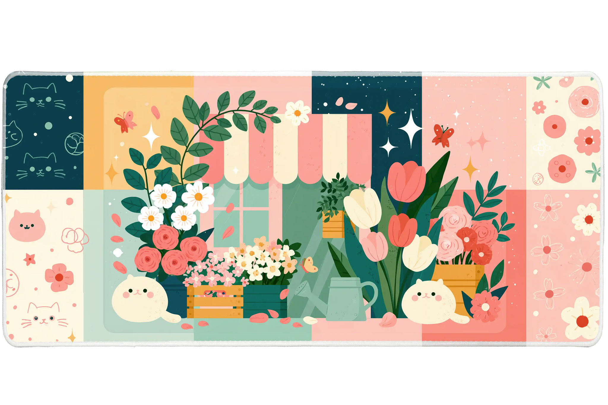 Cute Cat Flower Shop Pastel Storefront desk mat with storefront art, roses, daisies, butterflies